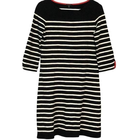 Talbots Mini Sweater Dress Women's Size P Shift Black White Striped 3/4 Sleeve - Picture 1 of 4